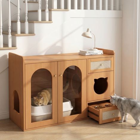 Mobile per lettiera gatto 5-in-1 con zona pranzo e vano contenitore, 120 x 45 x 83 cm, noce HAVRYA (1/5)