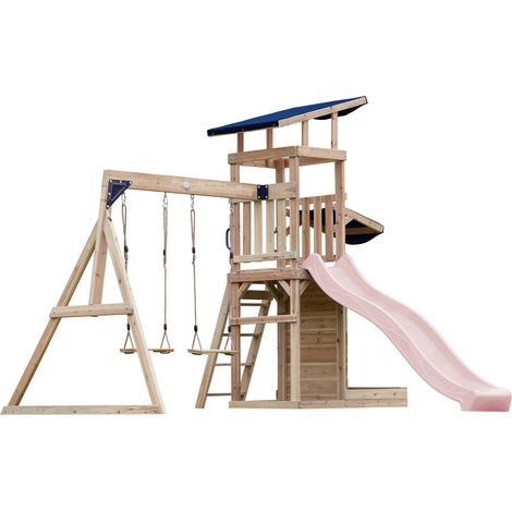 Axi Malik Aire De Jeux En Bois Avec 2 Balançoires, Toboggan Rose Pastel/ Aire De Jeux Extérieur, Bac À Sable, Mûr De Jeux/Toboggan Avec Raccordement À Eau  Portique Balançoire/Jeux En Bois Extérieur