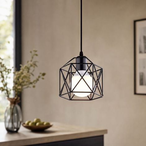 Lámpara colgante industrial de hierro forjado estilo rústico, E27, Ø14xH15cm, cable ajustable de 1,5m, color negro, ideal para salón o pasillo. (1/4)