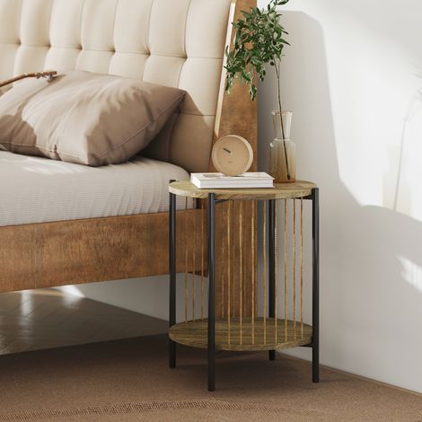Runder Beistelltisch mit zwei Ebenen, Ablage und Stahlgestell für Wohn- und Schlafzimmer, 43,5 x 43,5 x 51 cm, Natur