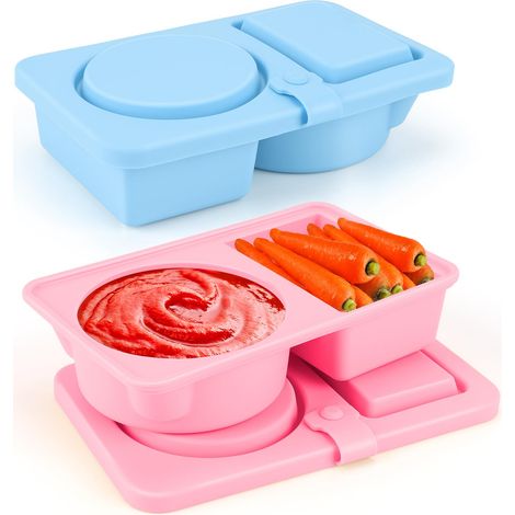 Set di 2 contenitori per snack a due scomparti con coperchio, piccoli contenitori per snack in silicone a 2 scomparti (70 + 90 ml), contenitore per salse a doppio strato con coperchio, contenitori riu