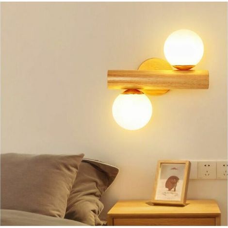 Applique murale nordique en bois massif pour salon, TV, chambre ou couloir, double tête sans ampoule E27, style scandinave (1/4)
