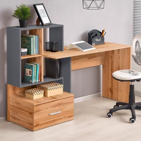 Bureau gris anthracite et aspect chêne avec grand tiroir et étagères STAND (1/4)
