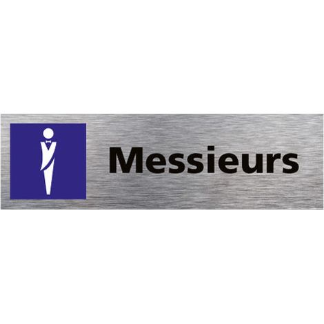 Pictogramme MESSIEURS (Q0349). Signalisation Porte - 170 X 50 mm - Autocollant souple ou plaque alu brossé 2mm. - Adhésif aspect aluminium brossé