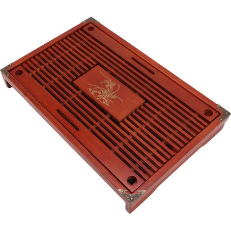 Teetablett aus Holz im chinesischen Kung-Fu-Stil mit Abtropffläche zur Teeaufbewahrung, Orchideenmuster, Dunkelrot (1/5)