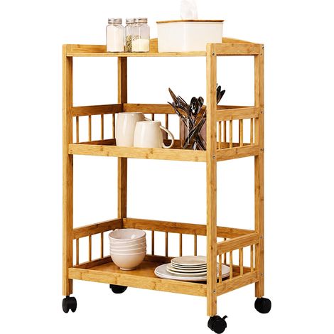 Chariot de Service Bambou 80 x 53 x 30 cm, 3 étages, Naturel (1/5)