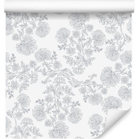 Carta da parati con fiori bianchi e grigio chiaro, dettagli nitidi 50x1000 cm (1/5)