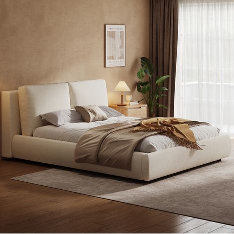 Bett mit Stauraum Bouclé Beige 180x200 cm, inklusive Lattenrost, mit gepolstertem Kopfteil (1/5)