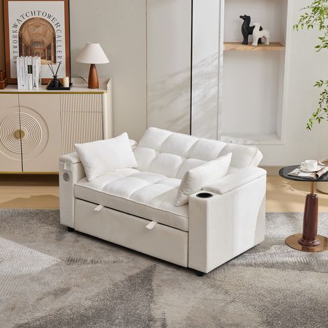 Tkopy - Canape 2 places convertible, Canapé clic clac, Canapé 3-en-1, Cnapé-lit, Canapé 2 places, Avec dossier réglable et port USB, Équipé d'une petite table escamotable et d'un porte-verres, beige (1/5)