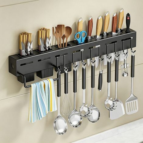 Messerleiste 60 cm aus Edelstahl mit 10 beweglichen Haken - Wandmontierter Küchenorganizer mit 6 Messerfächern, 3 Besteckhaltern, Klebe- und Bohrmontage, bis 30 kg (1/5)