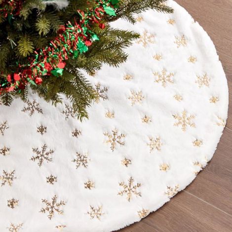 Jupe d'arbre de Noël blanche de 90 cm avec flocons de neige et paillettes brodées, jupe d'arbre de Noël pour la décoration(or) (1/4)