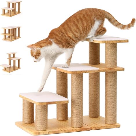 Dog Staircase, Solid Wood Stairs with Claw Post for Cats, Transformable Ramps, 90 kg Capacity, 50 cm Steps for Dogs and Cats, Access to Beds and Sofas, Beige (1/5)