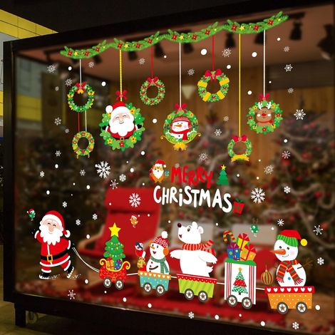 Weihnachtsaufkleber, dekorative Wandaufkleberbögen für Schaufenster, niedlicher Weihnachtsmann, Schnee, Züge, bunte Weihnachtsbaumaufkleber (1/5)