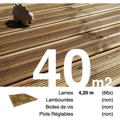 Terrasseenbois.Fr – Lames de terrasse en pin autoclave marron 4,2 m – Traitement Classe 3 – Lot de 66 lames pour 40 m² – Réversibles 27x145mm
