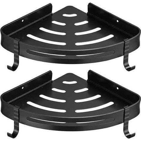 Étagère d'angle de douche - Métal, sans perçage - Avec 2 crochets - Accessoires de salle de bain auto-adhésifs en acier inoxydable - Noir (1/5)