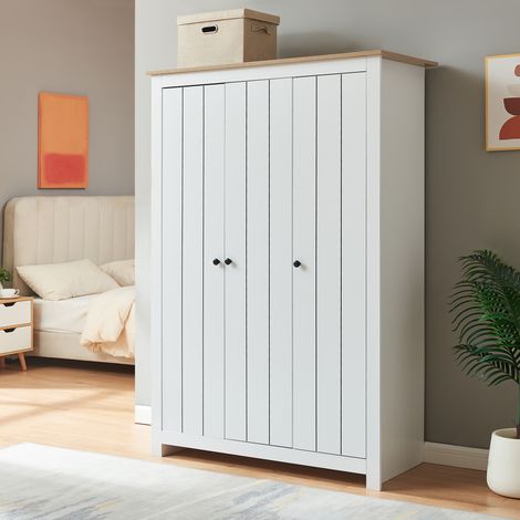 Armadio Guardaroba Vasand a 3 Ante con Barre Appenditi e Ripiani 175x120x52 cm Bianco / Effetto Rovere [en.casa]