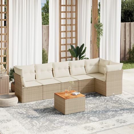 Salon de jardin 7 pièces en résine tressée beige avec coussins amovibles – table acacia & sièges modulaires (1/3)