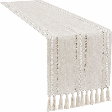 Chemin de table à pompons ajourés tissé à la main, couleur unie, vert/bleu, nappe de Noël 33 x 160 cm, blanc cassé ajouré (1/5)