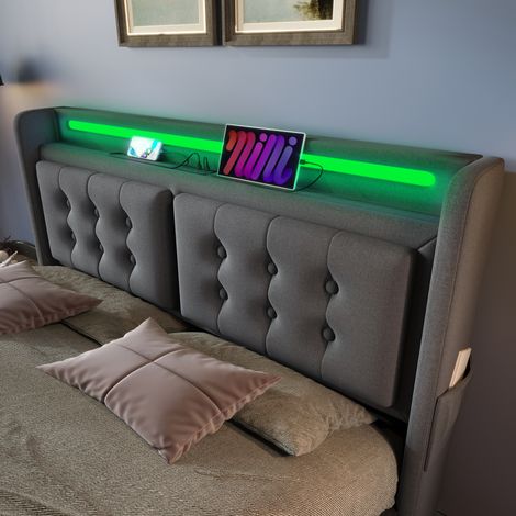 Lit double 160x200, sommier hydraulique avec tête de lit LED et charge USB-C, cadre en métal et lattes en bois, résistance 300 kg, gris, coton (sans matelas) (1/5)