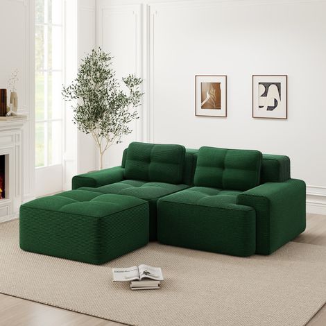 Modulsofa Cord Grün mit Tiefsitz 74 cm, flexible Ottoman, bodennahes Design