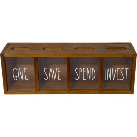 Hucha infantil de madera con 4 compartimentos, caja de dinero de acrílico transparente para dar, ahorrar, gastar, invertir, tapa magnética, blanca, 33 cm, para la educación financiera infantil. (1/5)