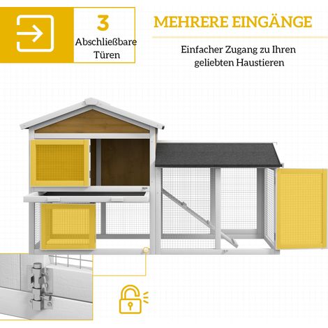 Cage à lapins 2 étages en bois avec toit bitumé, enclos extérieur, rampe et portes, 147x54x84 cm, jaune (1/5)