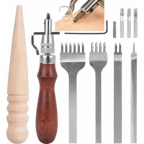 Kit Outils Perforatrice pour Trous 4 Perforatrice de Griffe en Cuir + 1 Dispositif de Rainurage 5 en 1 + 1 Bâtonnet de Polissage Accessoires Maroquinerie pour DIY Artisanat (1/5)