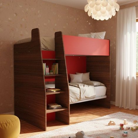 Letto a castello salvaspazio con scaletta frontale - Montaggio facile - Noce caracalla e rosso