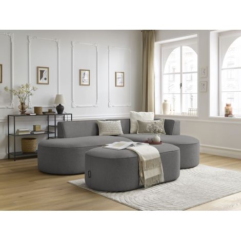 BOBOCHIC - Canapé d'angle fixe ROUSSEAU tissu chiné avec pouf Angle droit Gris foncé (1/5)