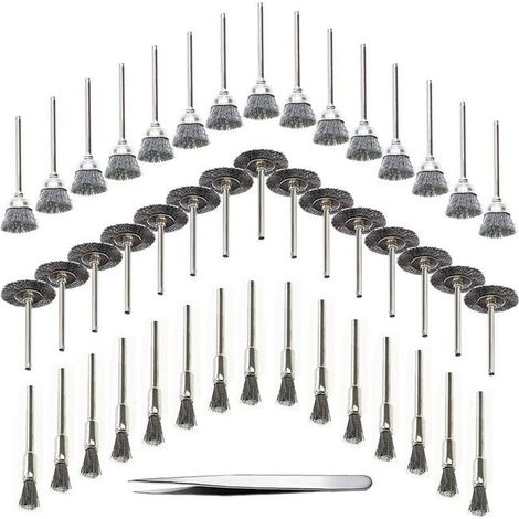 Jeu de 45 Brosses Métalliques Rotatives pour Perceuse, Fil d'Acier Inoxydable, Accessoires de Nettoyage et Ponçage du Bois, Brosse Cylindrique Argent, Lot Mixte (1/4)