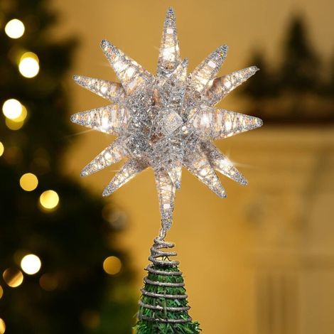 Étoile Sapin de Noël, Décoration Noël Sapin Lumineuse Pointe de Sapin de Noël, Noël pour Pointes de Sapin Interieur Étincelant pour Noël LED Décoration Magnifique pour Décoration Noël, Argent (1/4)