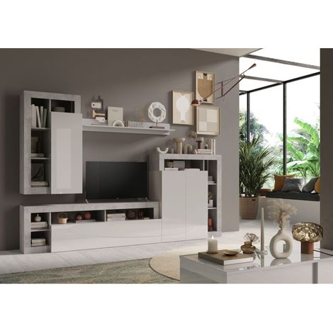 Conjunto de muebles de salón, colección BURA, longitud 290cm. Colores hormigón y blanco lacado brillante