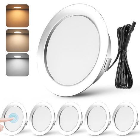 Spot LED Encastrable Dimmable 3W Spot LED 12V Extra Plat Spots de Plafond Blanc Chaud 3000K Blanc Neutre 4000K Blanc Froid 6000K Réglage Tactile Spot Encastrable avec câble de 2m, Lot de 6, Chrome