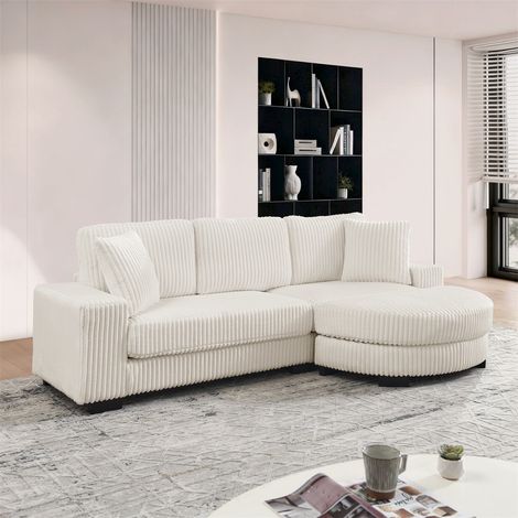 Canapé d'Angle en L 4 Places - 256.5x133.5x89cm - Canapé Modulaire en Velours Côtelé avec Pouf Ovale et 2 Coussins - Beige (1/5)
