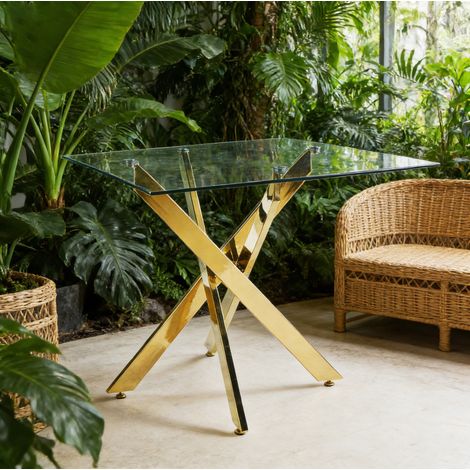MEUBLIV Table à manger 80x80 cm doré – plateau en verre trempé gain de place (1/5)
