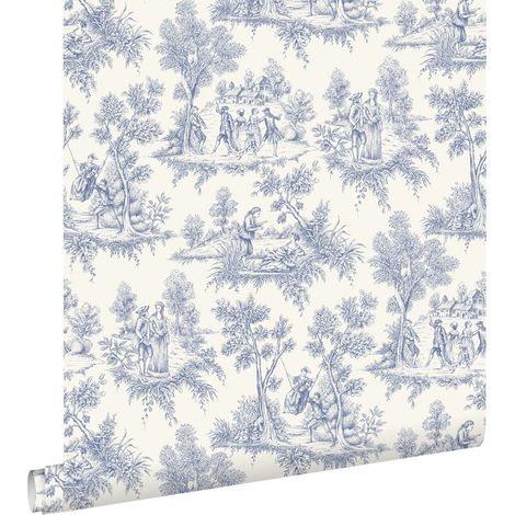 papier peint toile de jouy bleu  - ESTAhome