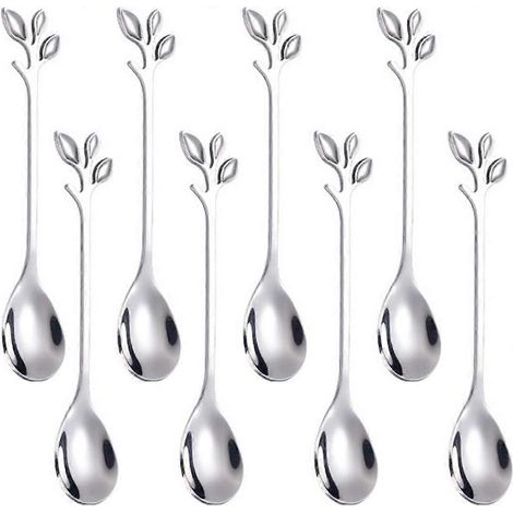 Lot de 8 petites cuillères à café de 12 cm avec manche en forme de feuille (argenté) (1/5)