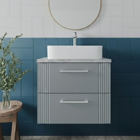 Nuie Deco Satin Grey 600mm Wall Hung 2 Drawer Vanity Unit with Bellato Grey Worktop - DPF293LBG