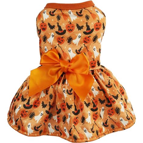 Robe d'Halloween pour chiot : motif citrouille et fantôme avec nœud papillon orange, idéale pour les petits chiens et chatons, orange (1/5)