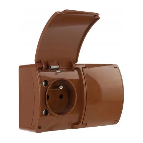 Prise étanche double avec terre (2x2P+T) clapet marron IP44 KOALA