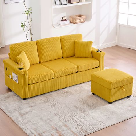 Canapé angle L convertible 3 places avec LED et USB-C, repose-pieds de rangement, porte-gobelets et des poches latérales – velours jaune