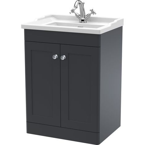 Nuie Classique Floor Standing 2-Door Vanity Unit with Traditional Basin 600mm Wide Satin Anthracite - 1 Tap Hole (1/5)