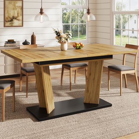 Mesa de comedor extensible 160x80x76 cm, tablero con veta de madera, base estable, MDF y metal, color roble (1/5)