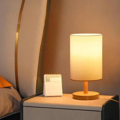 Lampe de chevet simple à LED dimmable, style rétro, en tissu et bois, idéale pour la chambre. (1/5)