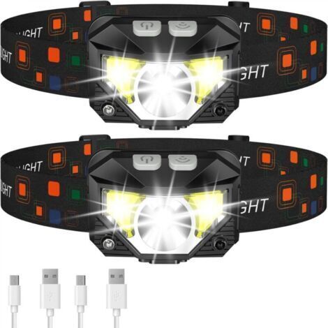 Lampe frontale à capteur haute intensité, noire, rechargeable par 2 ports USB, LED, idéale pour les activités de plein air, la pêche de nuit, étanche.