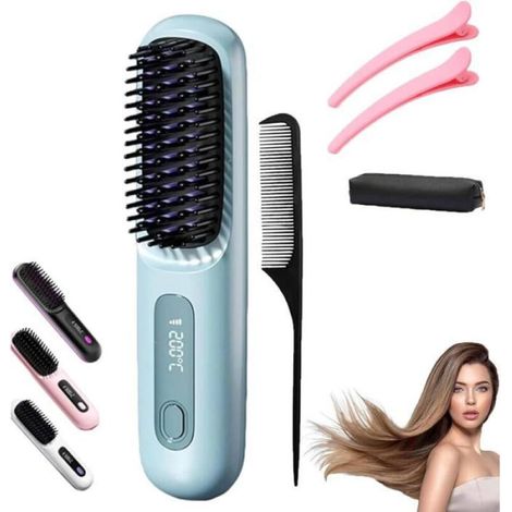 Brosse chauffante pour cheveux courts,Peigne sans fil rechargeable, 2 en 1 pour lisser et boucler, 3 réglages de température (L013) (1/5)