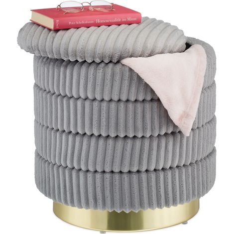 Relaxdays Velvet Ottoman with Storage Space, Round, Elegant Upholstered Stool, HxØ: 43.5 x 41 cm, Corduroy, Grey/Gold