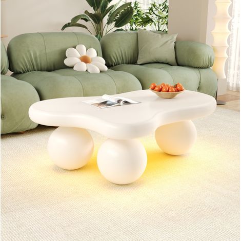 Tavolino da salotto 95x62.5x32 cm bianco in MDF con LED, design nuvola e bordi arrotondati (1/5)