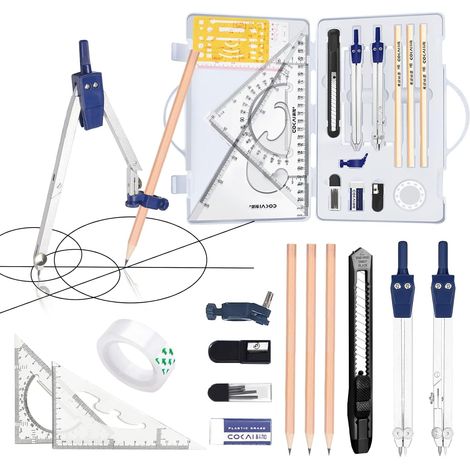 Kit Géométrie 14 Pièces, Ensemble de Géométrie avec Compas, Rapporteur, Équerres et Autres Accessoires, Basics Kit pour Mathématiques avec Trousse en Toile, pour Étudiants et Enseignants (1/5)