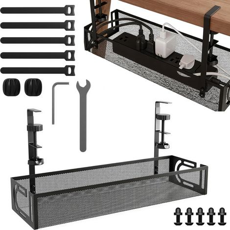 Plateau de Gestion des Câbles sous le Bureau sans Perçage, Organisateur et Panier de Câbles en Maille, Rangement de Fils et Boîtes Multiprises pour Bureau Maison, Noir (1/5)